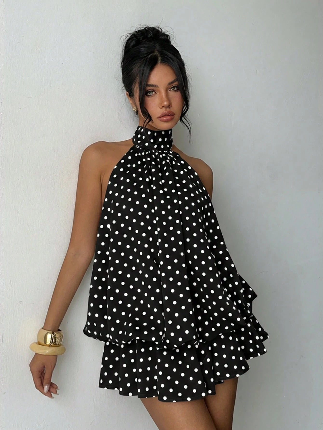 Halter Polka Dot Ruffle Mini Dress