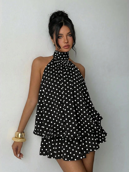 Halter Polka Dot Ruffle Mini Dress