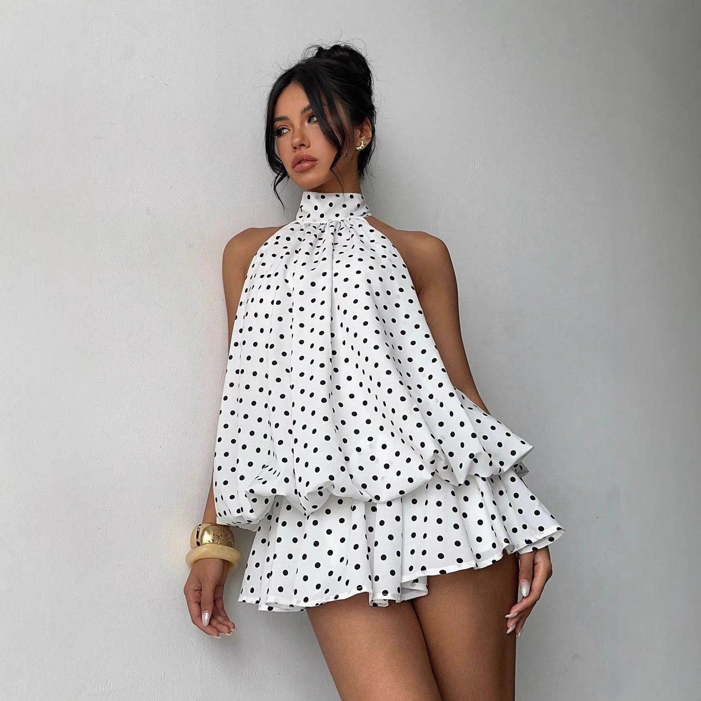 Halter Polka Dot Ruffle Mini Dress
