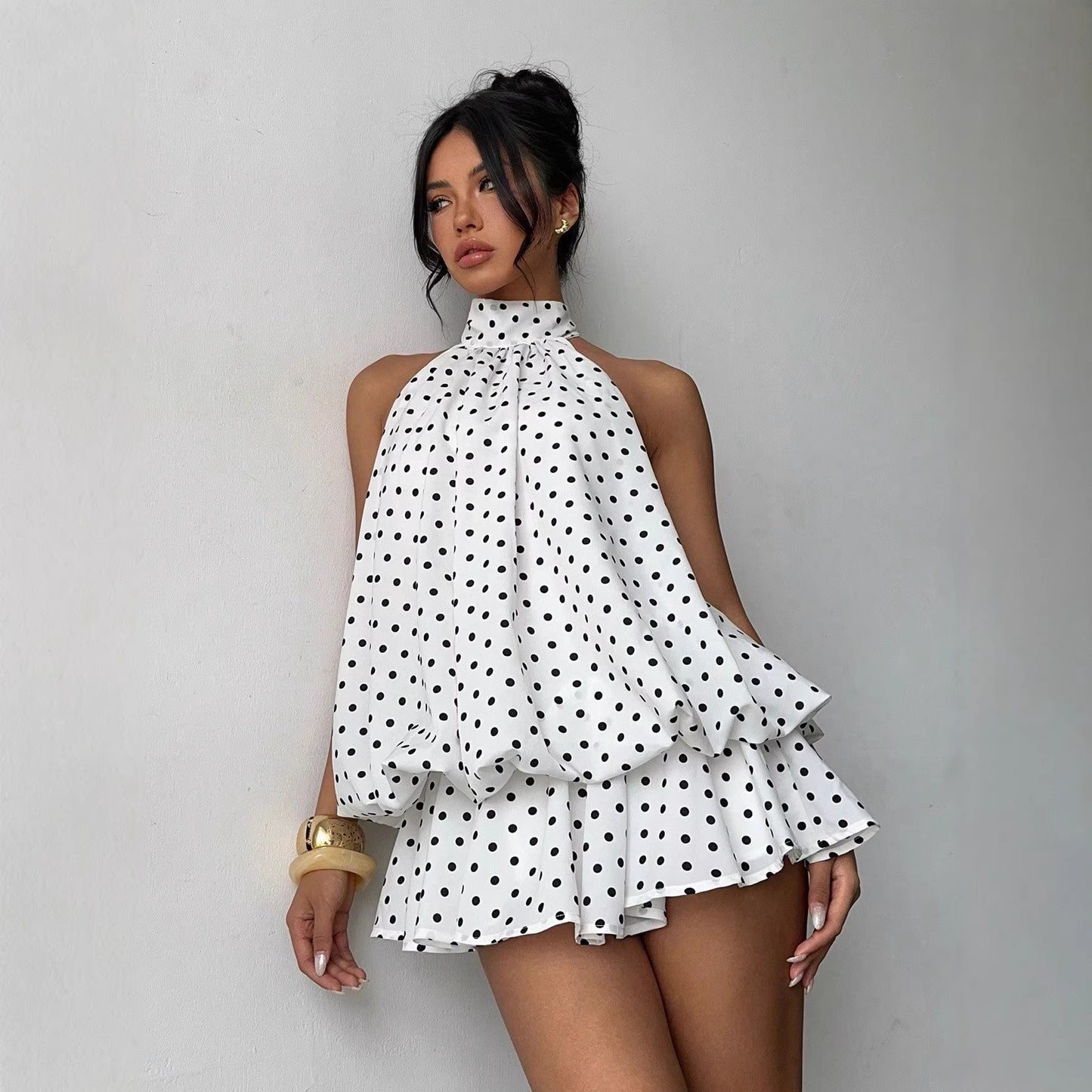 Halter Polka Dot Ruffle Mini Dress